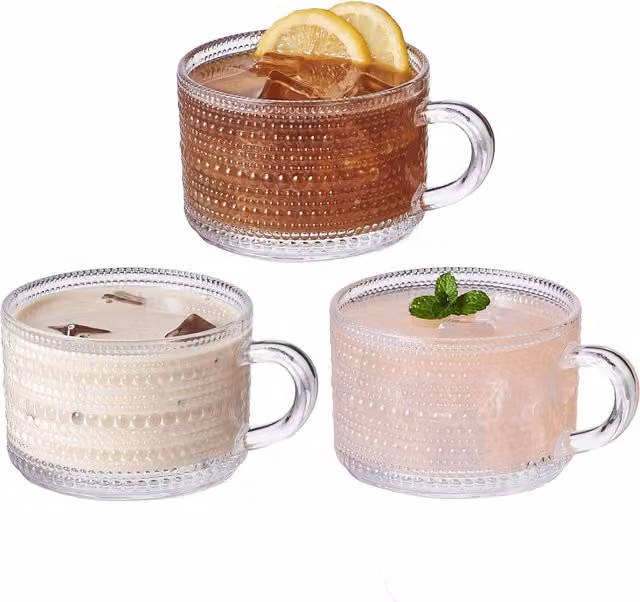 Eden & Willow Set of 3 Beaded Wide Mouth Glass Coffee Mugs, 325ml, Clear