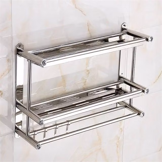 PAWNORA Silver 2-Tier Metal Wall-Mounted Bathroom Shower Shelf – 1