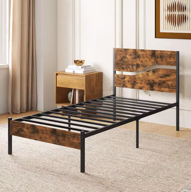 Costway Industrial Metal and Wood Platform Bed Frame, Brown, W/D/H: 90 x 190 cm