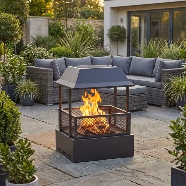Garden Greatness HeatHaze Sleek Rectangular Steel Garden Fireplace in Black, W/D/H: 80.5 x 58 x 47.5 cm