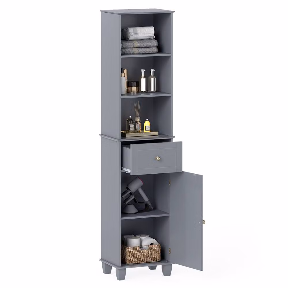 Costway Grey Narrow Freestanding Bathroom Cabinet with 3 Shelves and Drawer, Height: 172 cm – 7