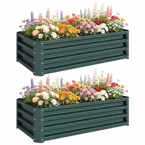 Outsunny Set of 2 Green Steel Raised Garden Beds, W/D/H: 110 x 50 x 30 cm