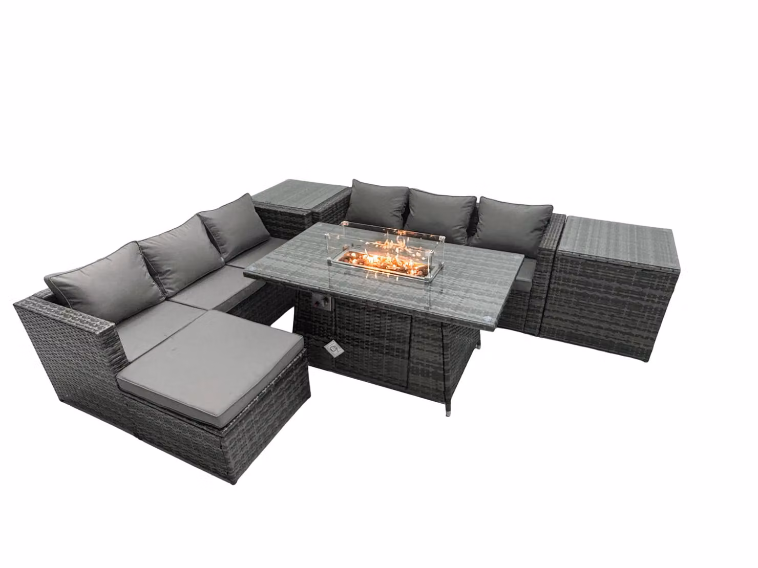 Fimous 6 Seater Rattan Garden Furniture Firepit Dining Set with Lounge Sofa, Table, 2 Side Tables and Footstool in Dark Grey – 2