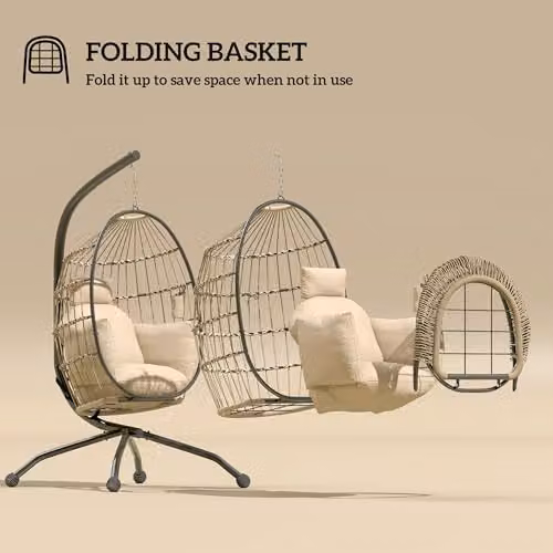 Outsunny Hanging Egg Chair with Ottoman and Cushions, Beige Rattan Swing Chair with Metal Frame, W/D/H: 120 x 88 x 192 cm – 4
