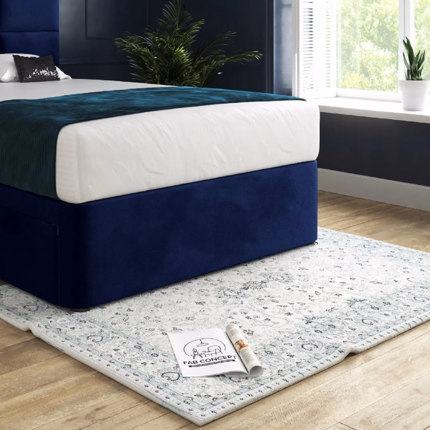 KDMD Caprio Blue Velvet Upholstered Small Double Divan Bed Frame with Floorstanding Headboard and Drawers W/D/H: 120 x 200 cm – 3