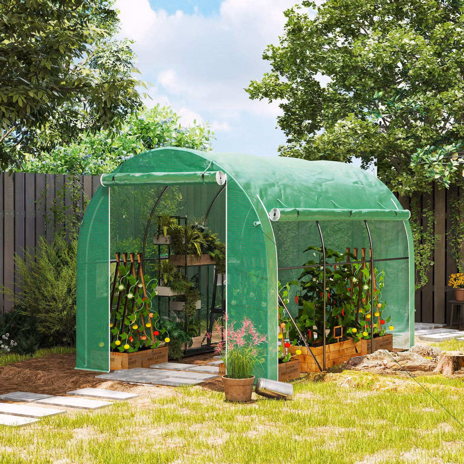 Outsunny Green Steel Frame Polytunnel Greenhouse with Window, W: 296 cm, D: 196 cm – 2