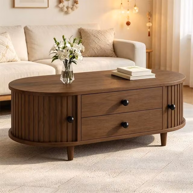 Merax Walnut Oval Wooden Coffee Table in Brown with Fluted Sliding Doors and Drawers – 1