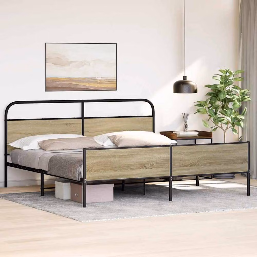 Berkfield Home Metal Bed Frame in Sonoma Oak and Beige, 200 x 200 cm – 2