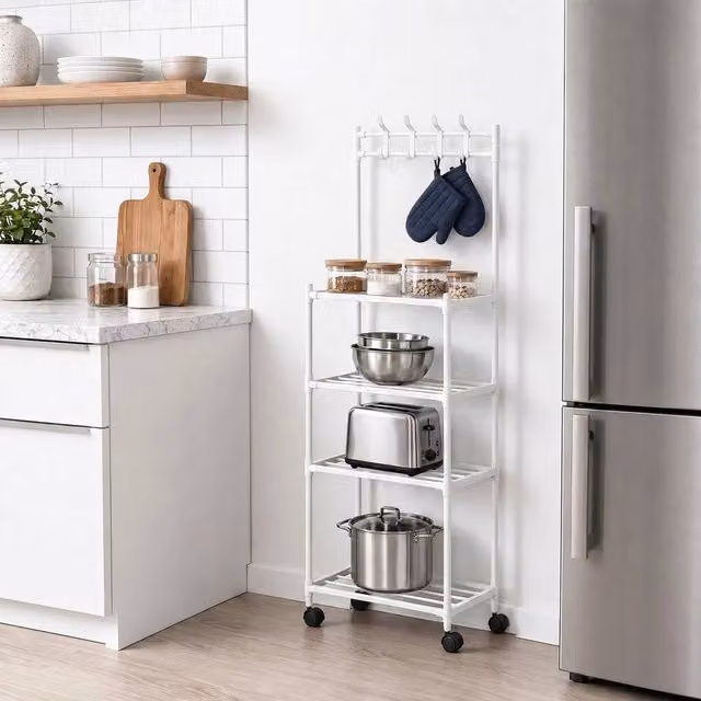 EONLION White 4 Tier Metal Shelving Unit with Wheels for Kitchen or Bathroom