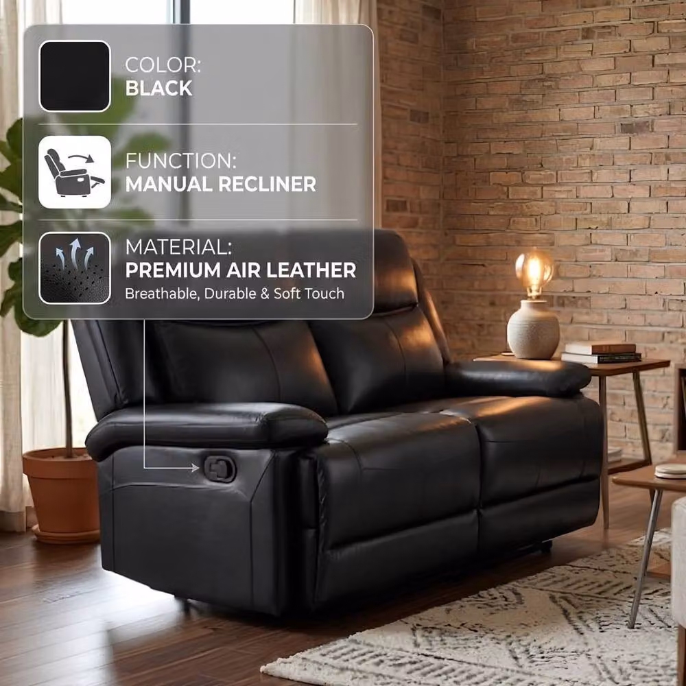 Home Luxe Interior Casper 2 Seater Manual Recliner Sofa in Black Leather, W: 130 cm, D: 45 cm – 4