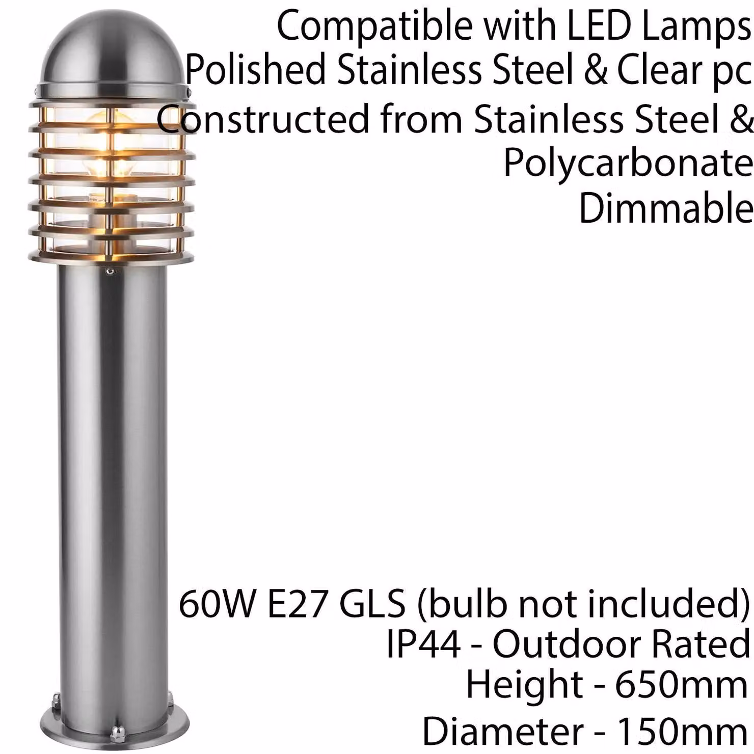 Loops Silver Stainless Steel Outdoor Bollard Light with Transparent Cover – 2
