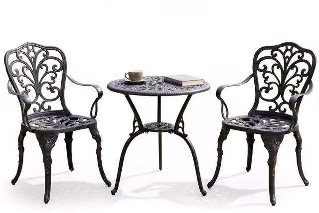 Centurion Supports Bangui 2 Chairs Bistro Set in Matt Black Metal with Vintage Floral Design