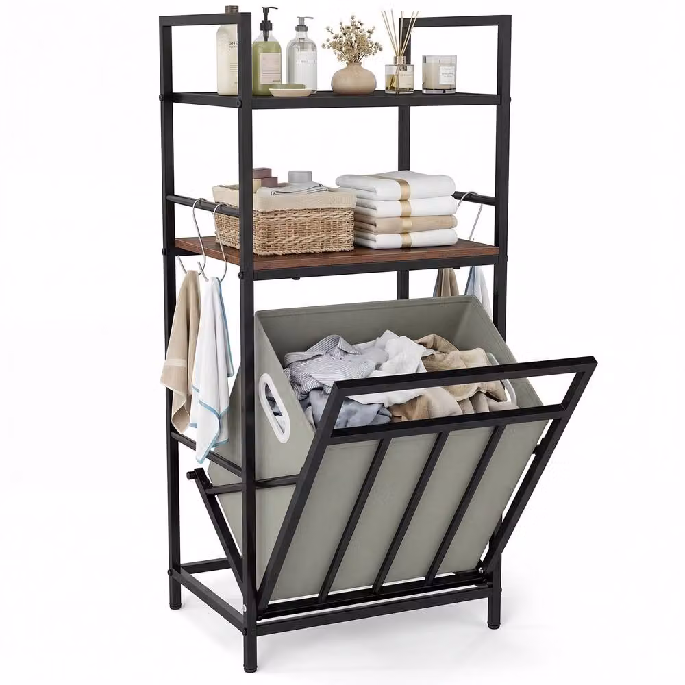 Costway 2-Tier Brown Laundry Hamper with Tilt-out Basket, 4 Hooks and Removable Bag – 6