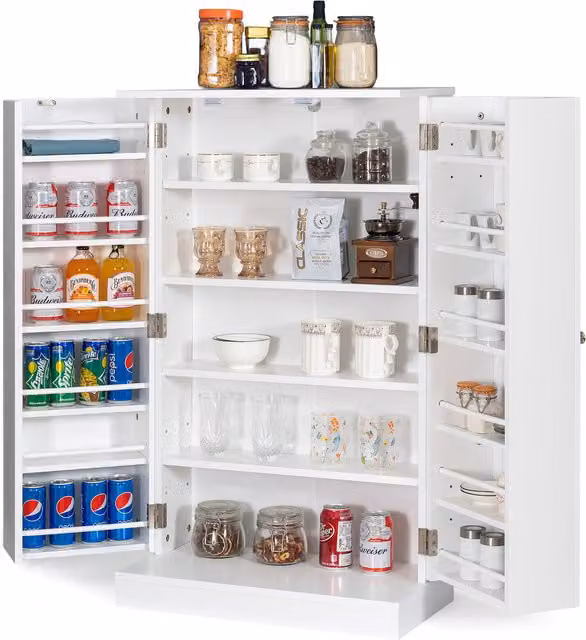 COSTWAY White Minimalist Kitchen Pantry Cabinet with Hinged Doors and Internal Shelves
