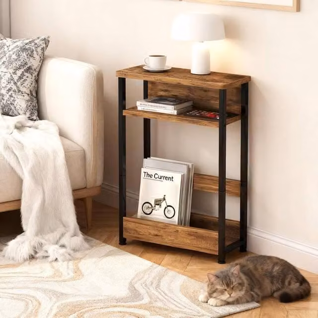 London Boutique 3-Tier Narrow Side Table with Magazine Rack in Brown and Black – 1