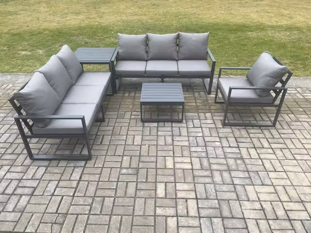 Fimous 7 Seater L-Shape Outdoor Garden Furniture Set in Dark Grey with Upholstered Cushions, Coffee Table and Side Table