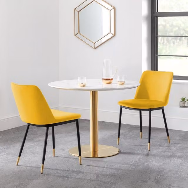 Julian Bowen Palermo Round Marble Dining Table and Delaunay Chairs Set in Yellow and Gold