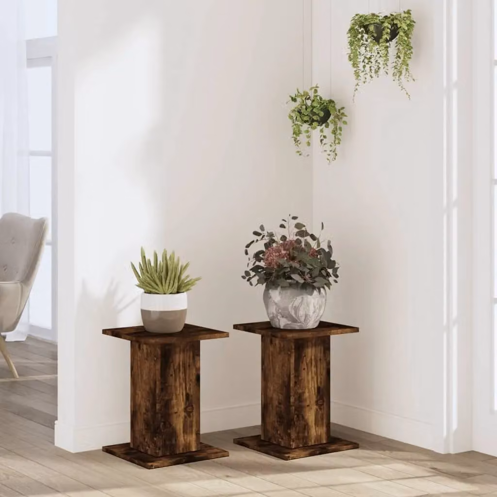Berkfield Home Set of 2 Rustic Smoked Oak Plant Stands in Brown, W/D/H: 30 x 30 x 40 cm – 3