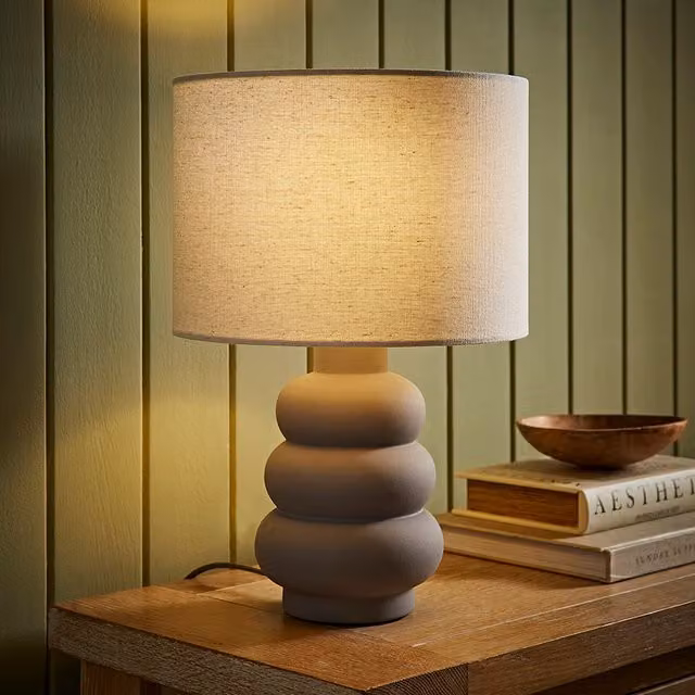 Rochelle Bubble Stack Ceramic Table Lamp with Beige Linen Drum Shade and LED Bulb in Grey