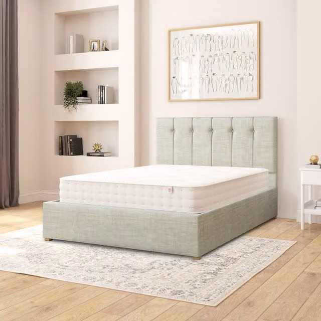 Aspire Hepburn Upholstered Ottoman Storage Bed in Blue/Green Cotton Fabric, W/D/H: 140 x 200 cm