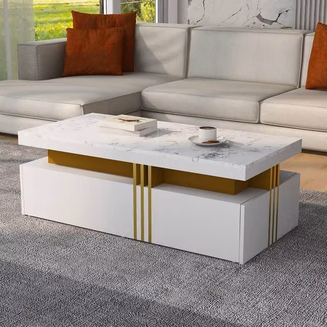 BTM Modern Rectangular Table with Marble Top and Wood Drawers in White, W/D/H: 50 x 40 x 30 cm – 1