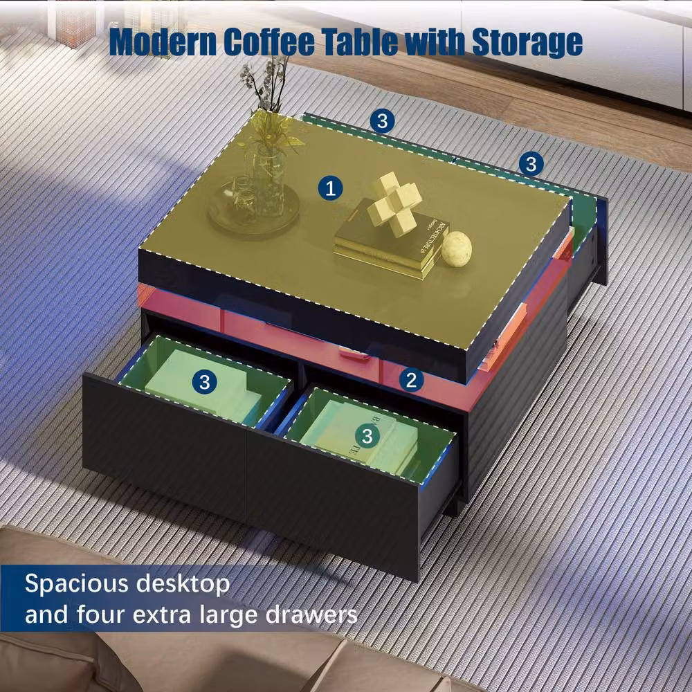 KEEPREAPER Modern Black Glossy Coffee Table with 4 Drawers, LED Lights and Glass Top, W: 85 cm, D: 55 cm, H: 44 cm – 5