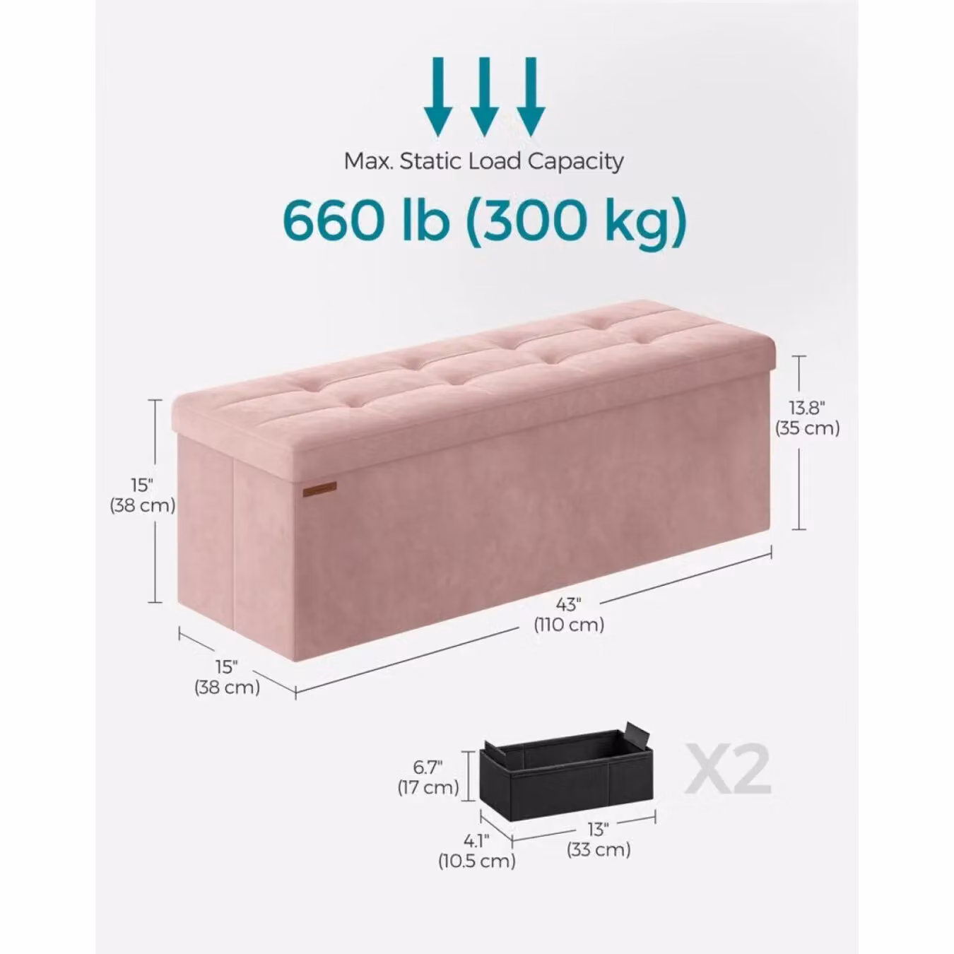 SONGMICS Extra Large Foldable Storage Ottoman Cube Heavy Duty Velvet Bench in Pink – 2