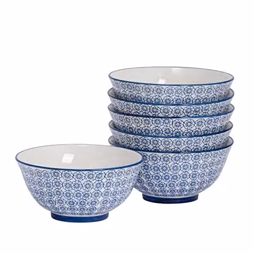 Nicola Spring Hand-Printed Porcelain Cereal Bowls, Blue and White, Pack of 6, Diameter: 16 cm