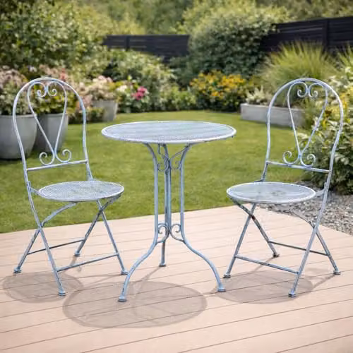 GlamHaus Toulouse 3 Piece Folding Metal Garden Bistro Set in Blue – 2