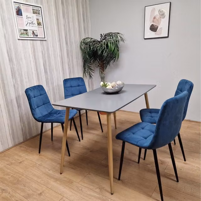 Kosy Koala Modern Rectangular Dining Table and 4 Blue Velvet Chairs Kitchen Set in Grey and White