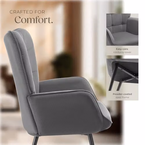 tectake Scandinavian Style Corduroy Armchair with Foam Padding and Steel Legs in Anthracite/Black, W: 76 cm, D: 72 cm, H: 100.5 cm – 8