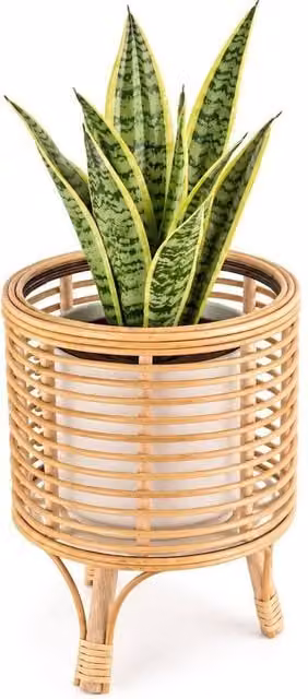 Kelvenix L Rattan Floor Planter Stand with Handle in Brown