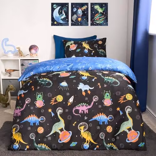 OHS Reversible Space Dino Print Single Quilt Cover Set with Pillowcase, Blue and Black Microfibre Bedding, Duvet Cover 135 x 200 cm, Pillowcase 40 x 60 cm