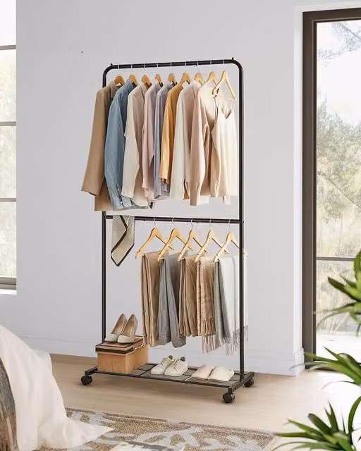 SONGMICS Rolling Clothes Rack with Middle Rod and Storage Shelf in Matt Black