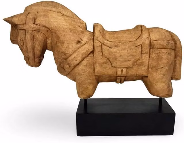NESTLUNE Rustic Brown and Black Wood and Metal Horse Tabletop Sculpture