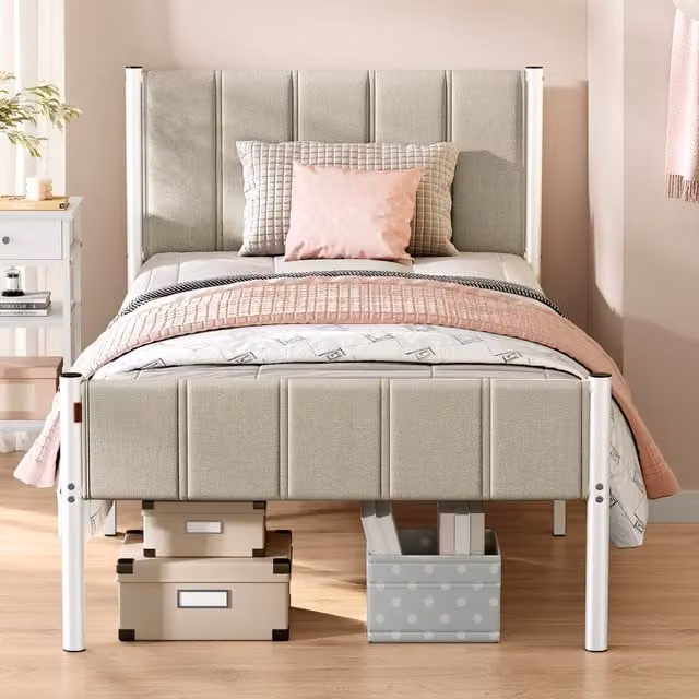 VASAGLE Single Bed Frame with Upholstered Headboard in Metal and Fabric, Beige and Orange