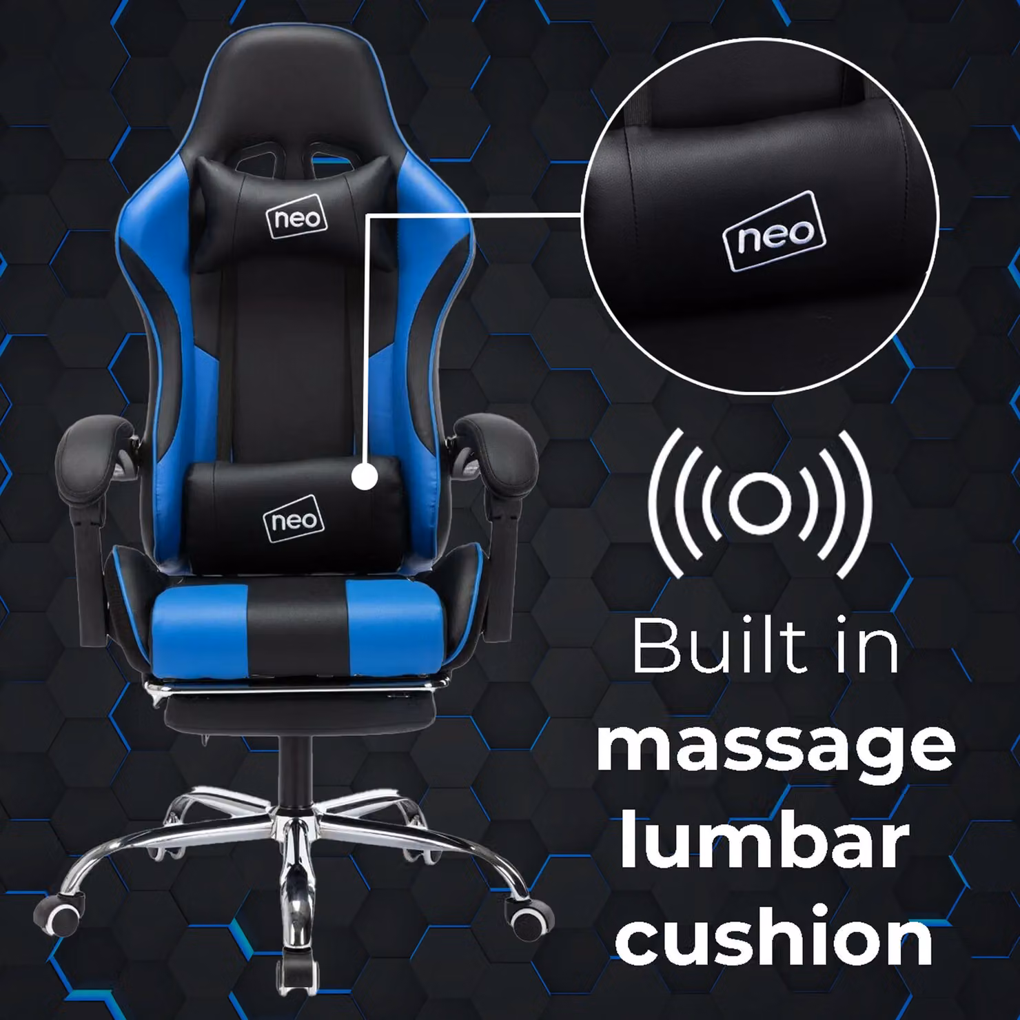 Neo Blue Synthetic Leather Gaming Racing Recliner Chair with Footrest and Headrest – 3