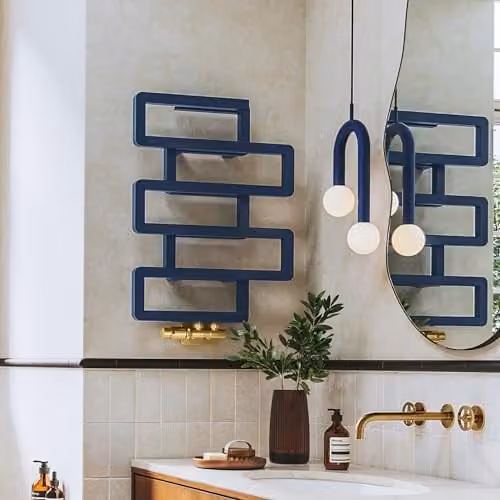 Terma Bookie 655/500 Heated Towel Rail with Integrated Valve, Blue, H: 65.5 cm, W: 50.0 cm, D: 13.2 cm