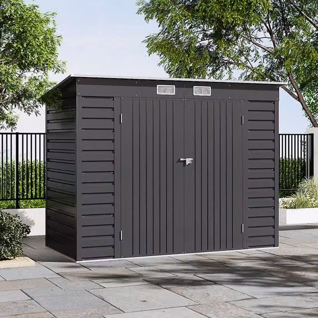 Breeins Modern Pent Sloping Roof Galvanised Steel Garden Storage Shed in Anthracite Black