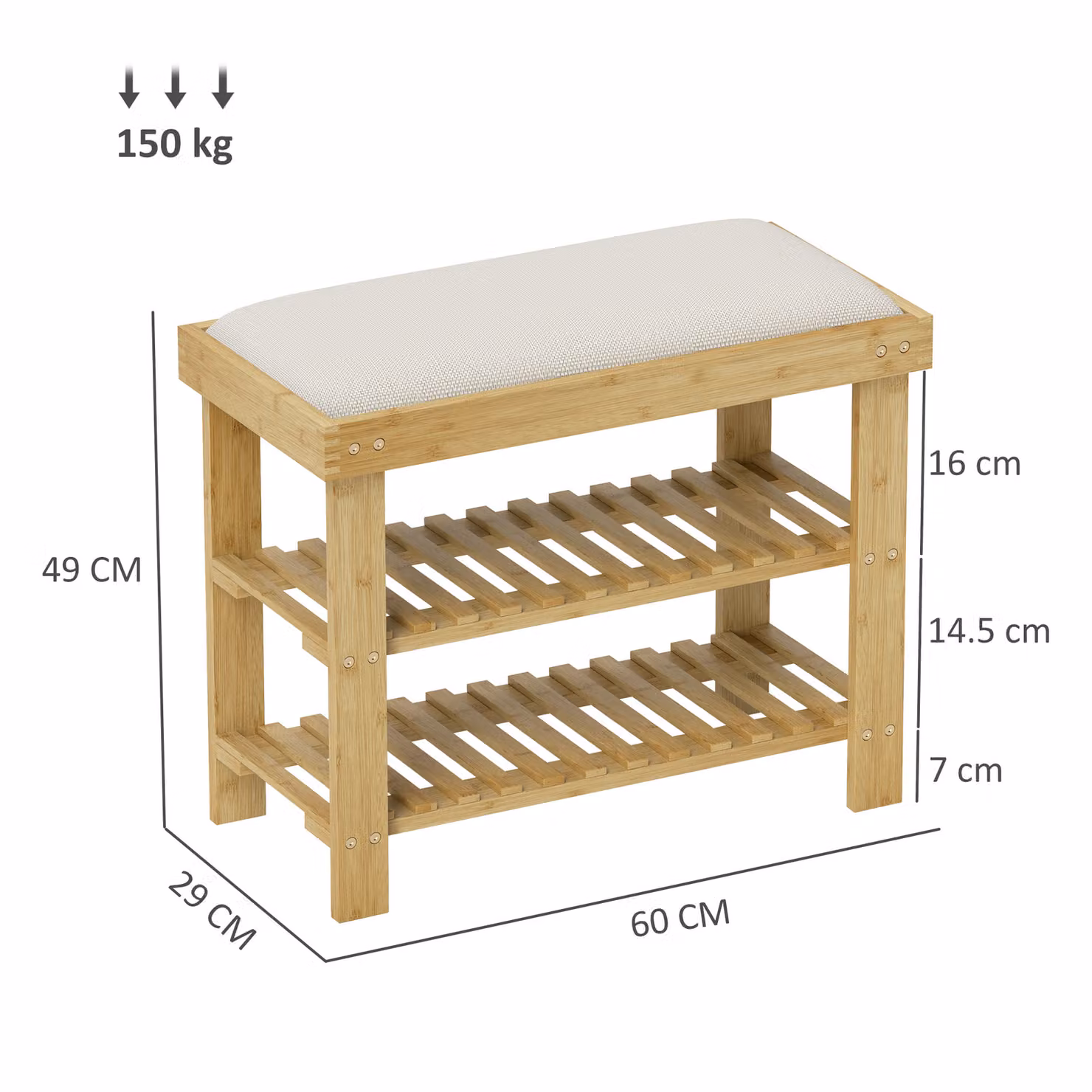 HOMCOM 3-Tier Bamboo Shoe Storage Bench with Fabric Seat Cushion in White – 3