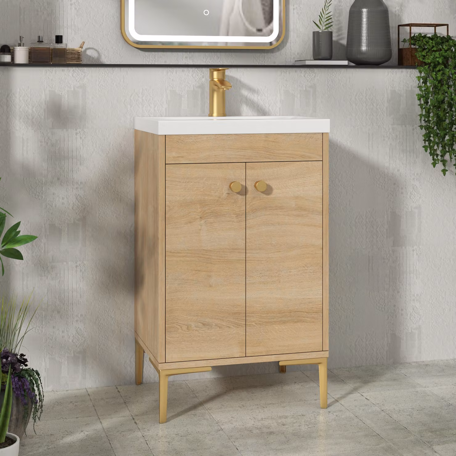 Royal Bathrooms Verona 500mm Natural Oak Floor Standing 2 Door Bathroom Vanity Unit with Mid-Edge Basin and Brushed Brass Knob