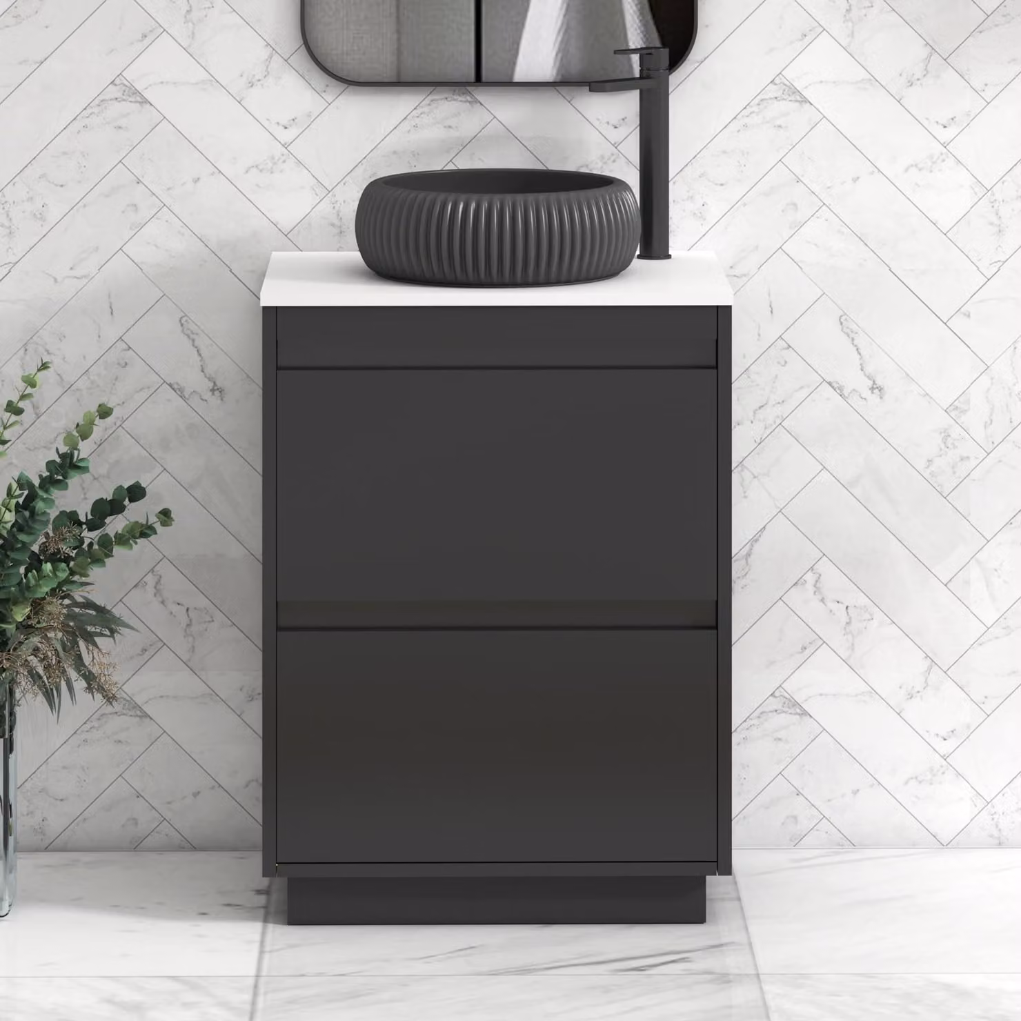 Royal Bathrooms Orion 600mm Matt Obsidian Black Floor Standing Vanity Unit with Plain White Countertop, 2 Drawers and Milan Black Basin