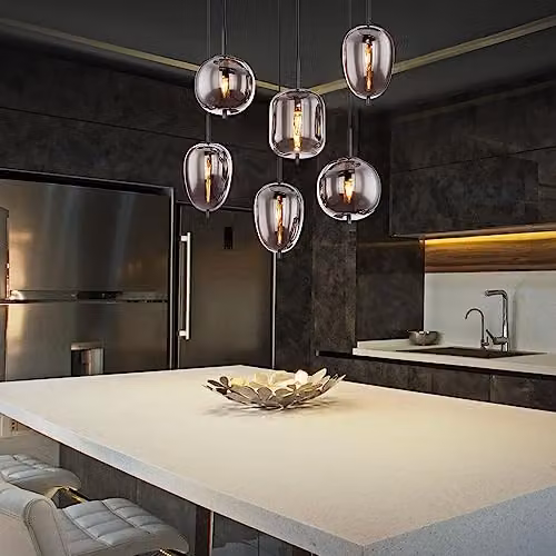 Globo Lighting Blacky Bar Pendant Light with 6 Smoke Grey Glass Shades and Black Metal Finish, W/D/H: 120 x 34 x 34 cm – 4
