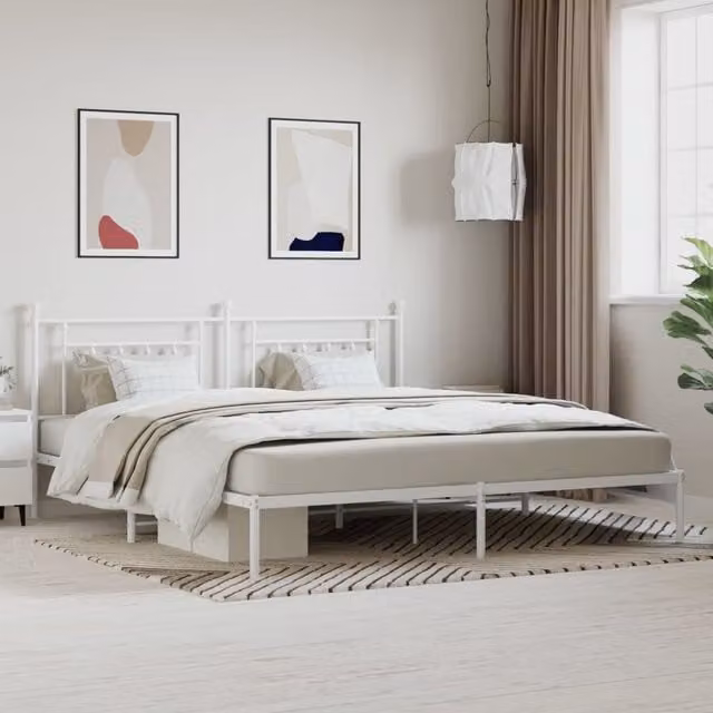 Berkfield Home Metal Bed Frame with Headboard, White, W: 193 cm, D: 203 cm