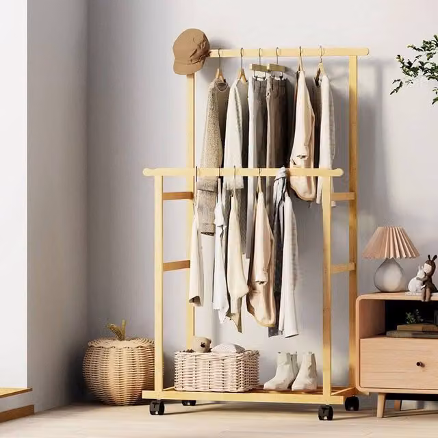 Havendro Rolling Bamboo Open Clothes Rack in Natural, W/D/H: 160 x 40 x 40 cm – 1
