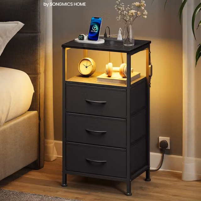SONGMICS Set of 2 Black Bedside Tables with 3 Drawers and Integrated Adjustable LED Lights