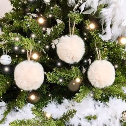 Melody Maison Set of 3 Cream Faux Fur Christmas Baubles, Diameter: 7.5 cm