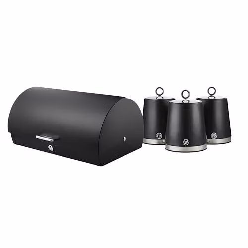 SWAN Serenity Black Bread Bin with Ventilation and Roll Top Lid (14 L) and Set of 3 Airtight Kitchen Storage Canisters (1.3 L) – 1