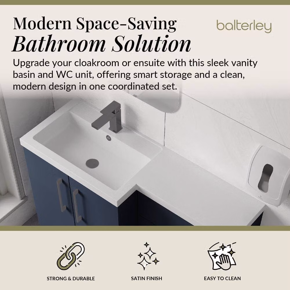 Balterley Modern Blue Matt Left-Hand Vanity and WC Unit Combination with Brushed Pewter Hardware, W/H: 110 x 84 cm – 2