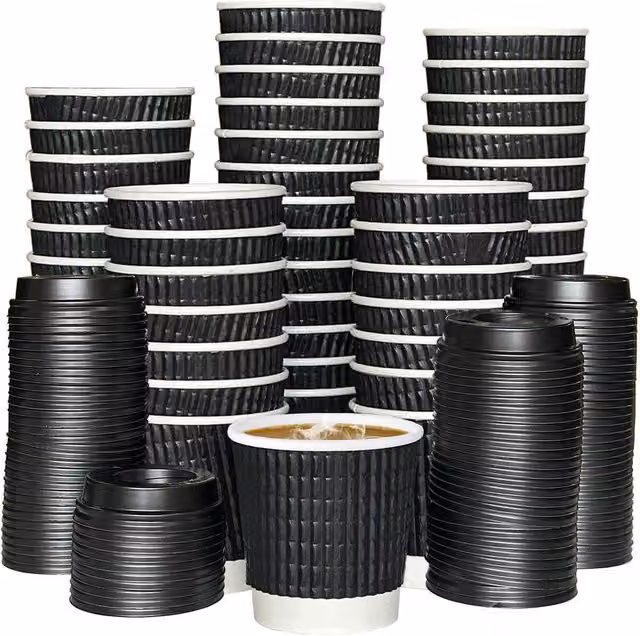 ECONX 100 Black Triple Layer Ripple Paper Coffee Cups with Lids, 4oz – 1